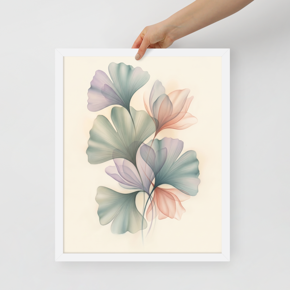 'Ethereal Ginkgo Whispers' — a Abstract art print. An elegant, translucent Airbrush illustration of ginkgo leaves overlapping in soft pastel colors, perfect for a peaceful Bedroom.