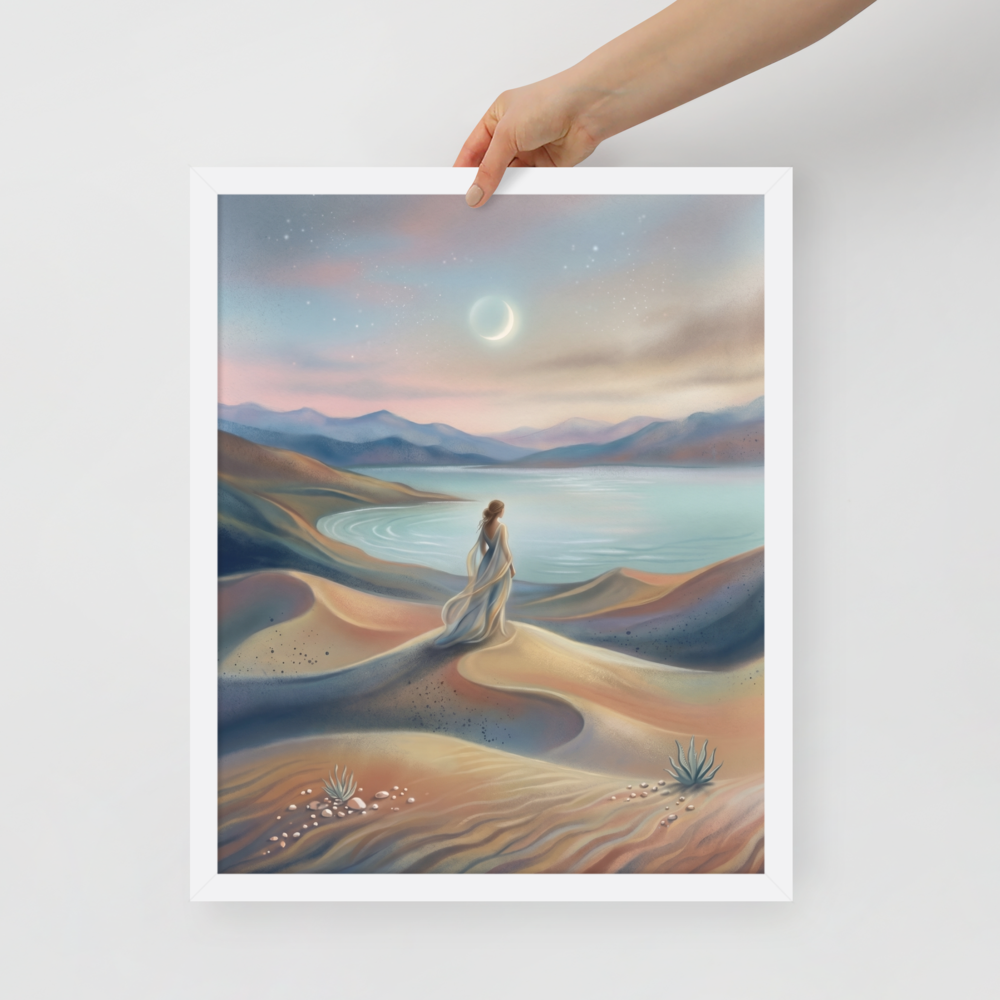 'Desert Moonrise' — a Magic realism print. A woman in a flowing dress standing on rolling sand dunes looking over a turquoise bay toward mountains under a twilight sky with a crescent moon.