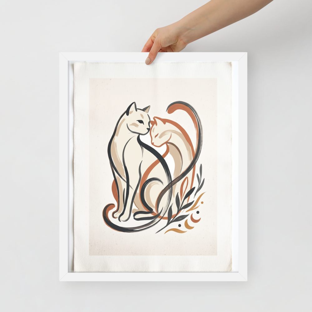 'Feline Affection' — a Minimalism,Abstract art print. A minimalist vector illustration of two cats intertwining lovingly in warm tones of cream, burnt orange, and dark charcoal, accompanied by simple botanical leaf motifs. Ideal for a cozy Nursery or Living Room.