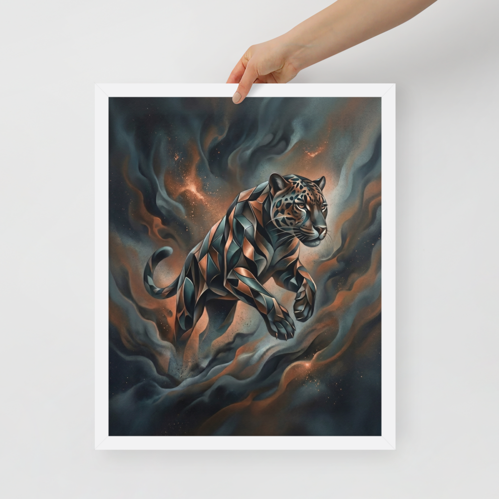 'Phantom Leap' — a Digital art print. A sleek, geometric panther leaping through dark teal and brown smoke in a modern digital art style, ideal for a living room.