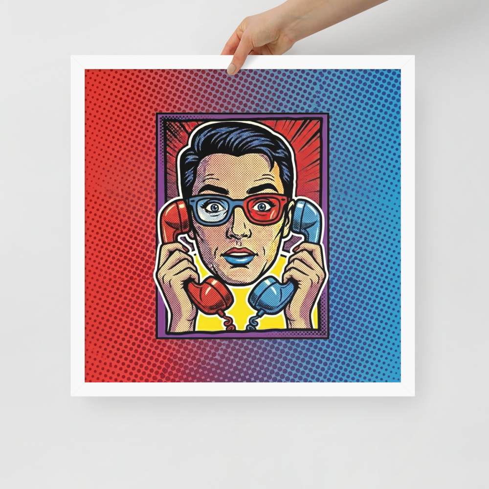 'Bipartisan Static' — a Pop art print. A pop art illustration of a confused woman wearing red and blue 3D glasses, holding a red telephone receiver to one ear and a blue one to the other, set against a red and blue halftone gradient, ideal for a Living Room.