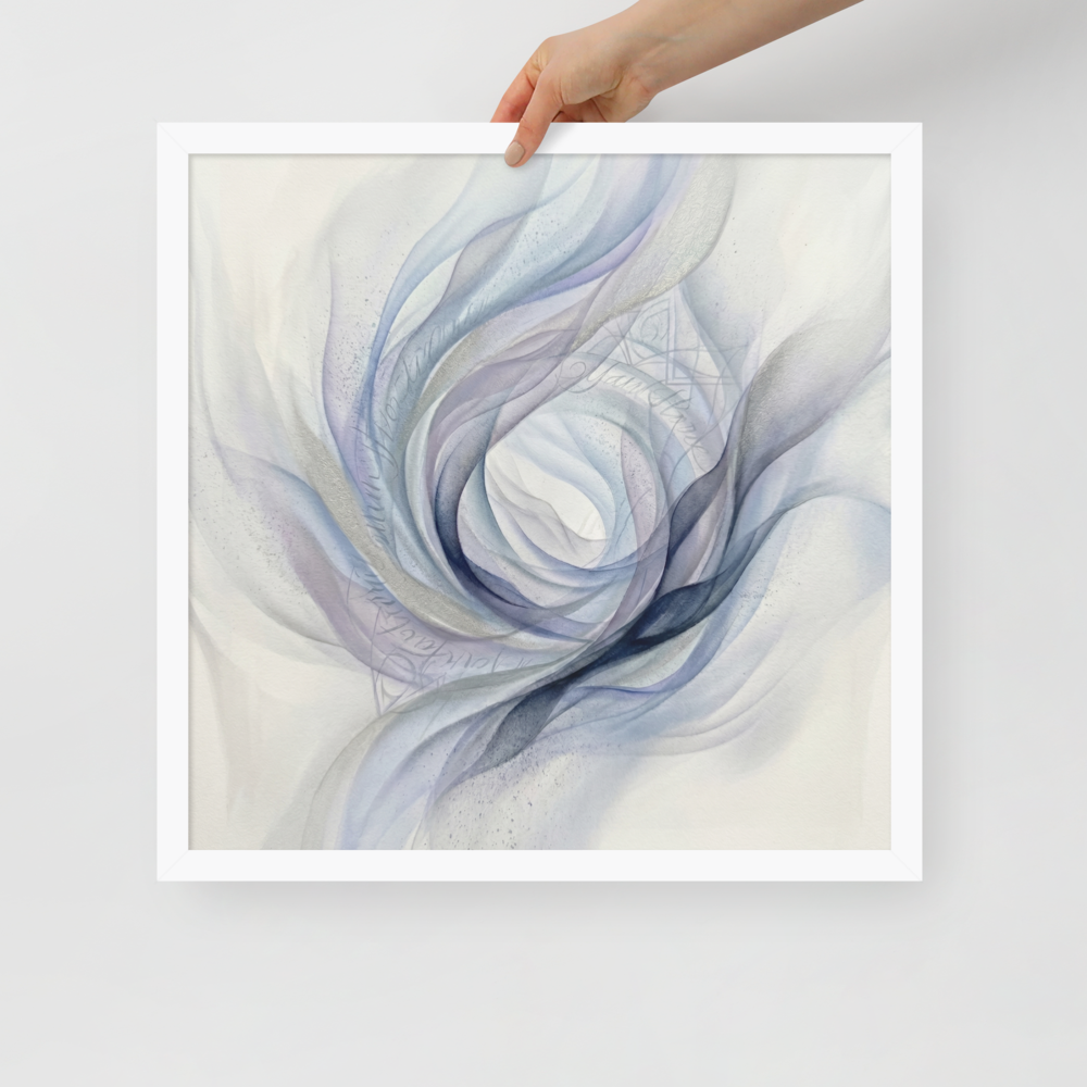'Ethereal Whispers in the Vortex' — a Abstract art print. An abstract painting featuring swirling smoky ribbons of lavender, grey, and deep blue circling a bright white center, with faint cursive writing and patterns in the background.