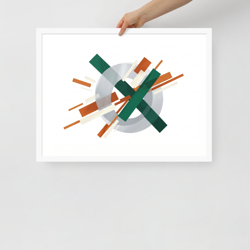 'Intersecting Perspectives' — a Suprematism print. An abstract painting of intersecting green and brown rectangular bars laid over a translucent gray circle, ideal for a modern Office.