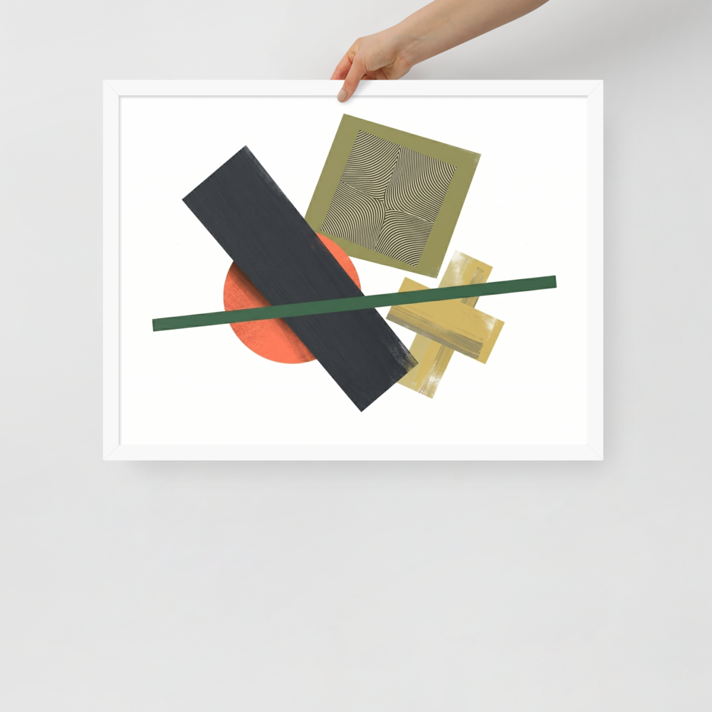 'The Geometry of Sound' — a Suprematism print. An abstract painting featuring a black rectangle, an orange circle, a green diagonal line, and a square with wavy lines, a unique focal point for a Studio.
