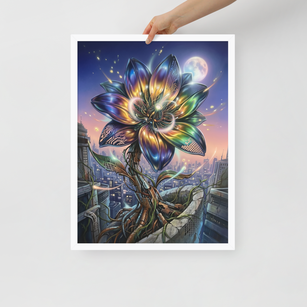 'Cybernetic Bloom' — a Digital art print. A large, glowing cybernetic flower with metallic petals and circuitry blooming out of concrete ruins in a futuristic city, perfect for a Game Room.