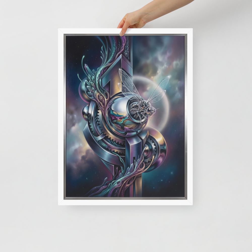 'The Clockwork Aviator' — a Surrealism print. A detailed mechanical insect with translucent wings perched on complex metallic gears floating in a colorful starry sky, an ideal piece for an Office.