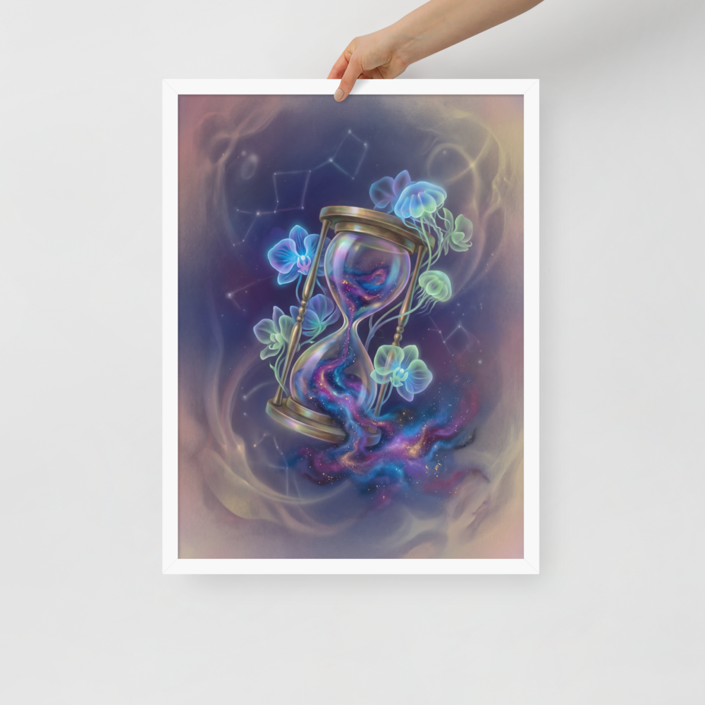 'Sands of the Nebula' — a Magic realism print. A magical brass hourglass filled with a swirling galaxy, surrounded by glowing orchids and jellyfish in a starry sky, ideal for a Bedroom.
