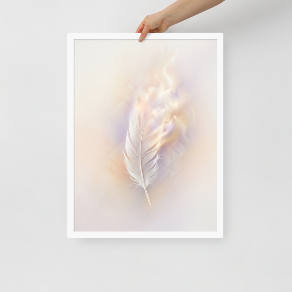 'Ethereal Plume' — a Abstract art print. A single white feather seemingly floating against a soft, luminous background of pastel orange and purple with faint geometric patterns, perfect for a peaceful bedroom.