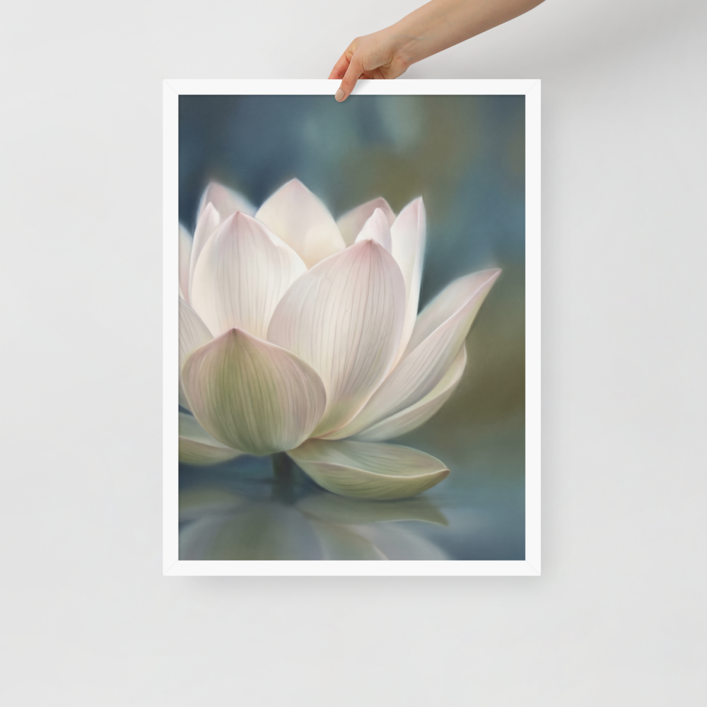 'Serene Lotus Reflection' — a Realism print. A soft, close-up painting of a pale pink and white lotus flower floating on calm, muted blue water, reflecting gently on the surface, suitable for a calm bathroom or living room.