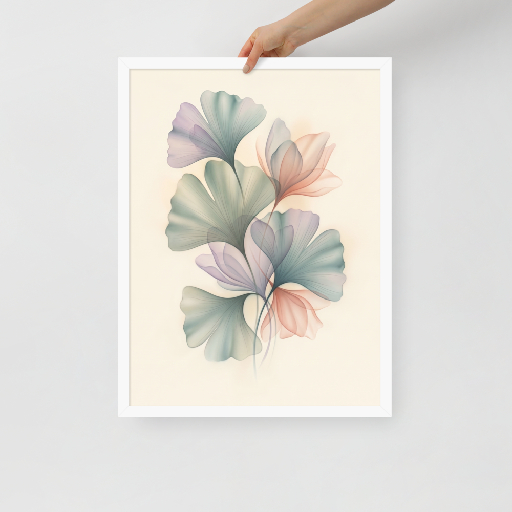 'Ethereal Ginkgo Whispers' — a Abstract art print. An elegant, translucent Airbrush illustration of ginkgo leaves overlapping in soft pastel colors, perfect for a peaceful Bedroom.