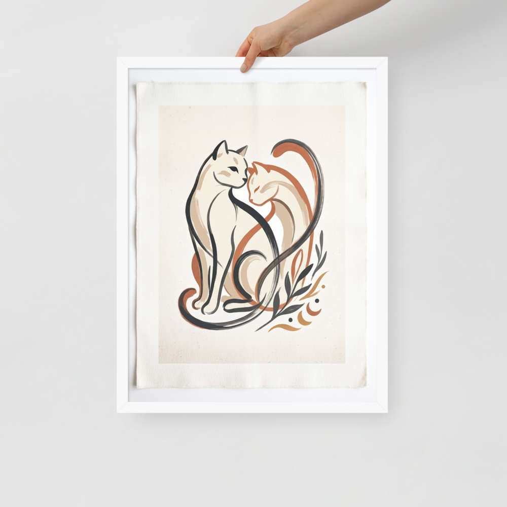'Feline Affection' — a Minimalism,Abstract art print. A minimalist vector illustration of two cats intertwining lovingly in warm tones of cream, burnt orange, and dark charcoal, accompanied by simple botanical leaf motifs. Ideal for a cozy Nursery or Living Room.