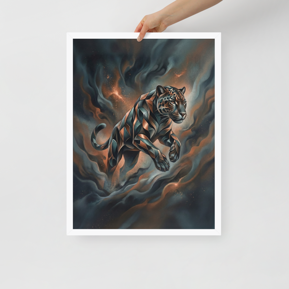 'Phantom Leap' — a Digital art print. A sleek, geometric panther leaping through dark teal and brown smoke in a modern digital art style, ideal for a living room.