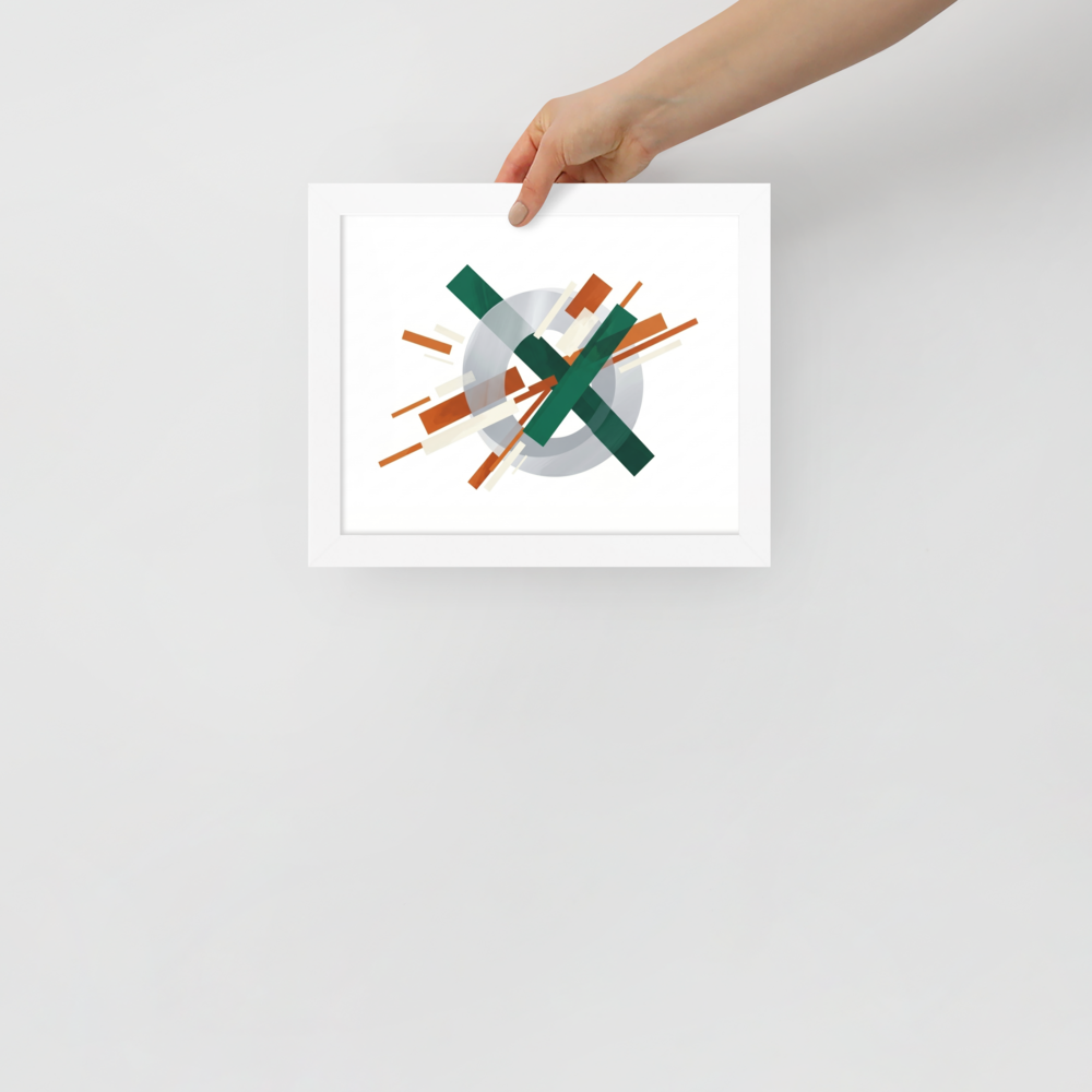'Intersecting Perspectives' — a Suprematism print. An abstract painting of intersecting green and brown rectangular bars laid over a translucent gray circle, ideal for a modern Office.