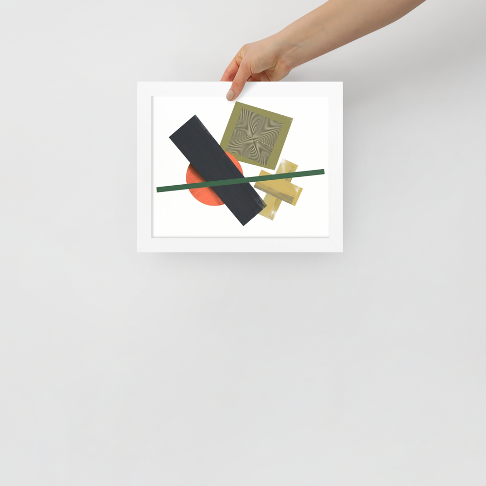 'The Geometry of Sound' — a Suprematism print. An abstract painting featuring a black rectangle, an orange circle, a green diagonal line, and a square with wavy lines, a unique focal point for a Studio.