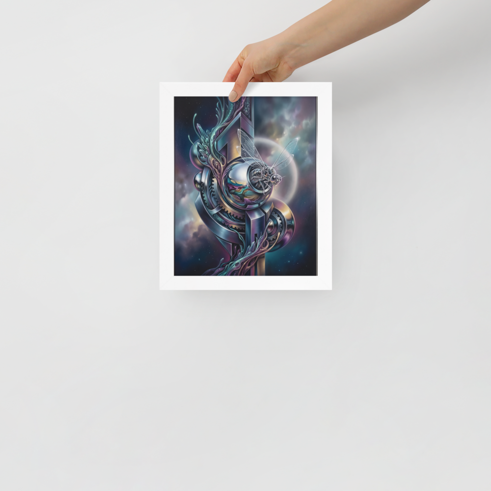 'The Clockwork Aviator' — a Surrealism print. A detailed mechanical insect with translucent wings perched on complex metallic gears floating in a colorful starry sky, an ideal piece for an Office.