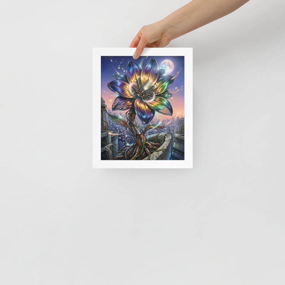 'Cybernetic Bloom' — a Digital art print. A large, glowing cybernetic flower with metallic petals and circuitry blooming out of concrete ruins in a futuristic city, perfect for a Game Room.