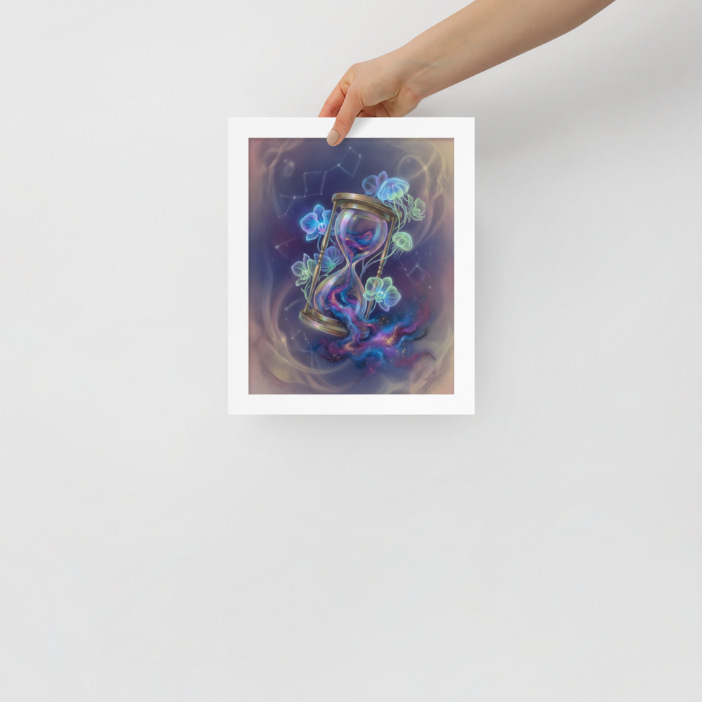 'Sands of the Nebula' — a Magic realism print. A magical brass hourglass filled with a swirling galaxy, surrounded by glowing orchids and jellyfish in a starry sky, ideal for a Bedroom.