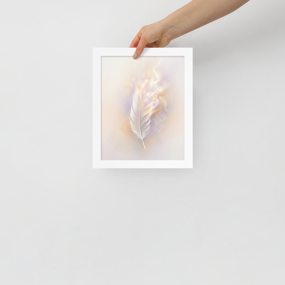 'Ethereal Plume' — a Abstract art print. A single white feather seemingly floating against a soft, luminous background of pastel orange and purple with faint geometric patterns, perfect for a peaceful bedroom.