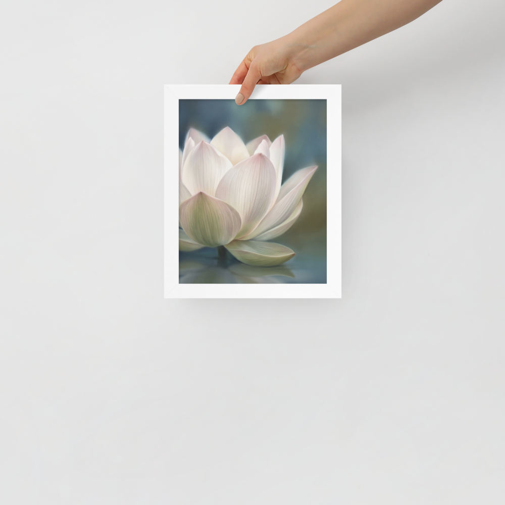 'Serene Lotus Reflection' — a Realism print. A soft, close-up painting of a pale pink and white lotus flower floating on calm, muted blue water, reflecting gently on the surface, suitable for a calm bathroom or living room.