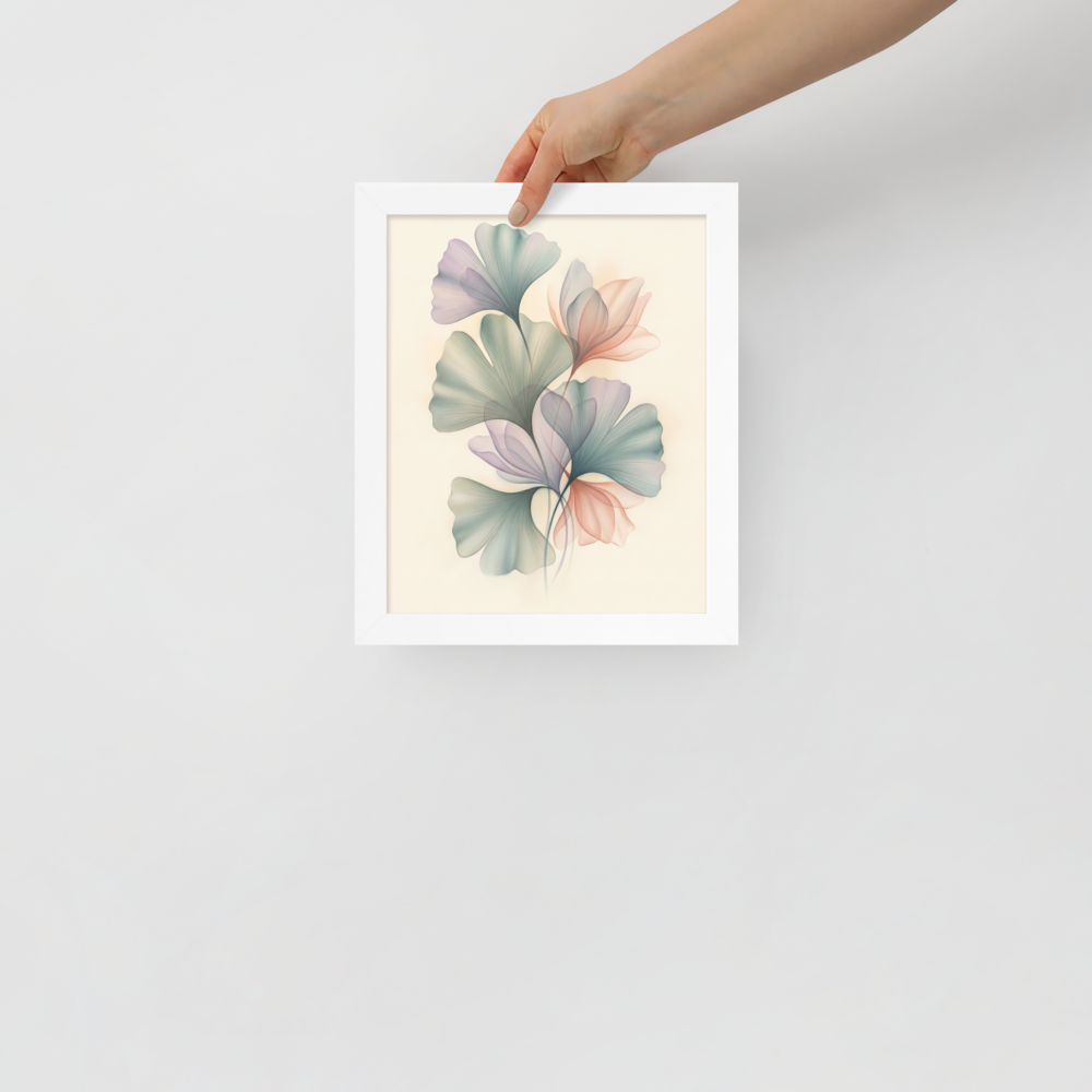 'Ethereal Ginkgo Whispers' — a Abstract art print. An elegant, translucent Airbrush illustration of ginkgo leaves overlapping in soft pastel colors, perfect for a peaceful Bedroom.
