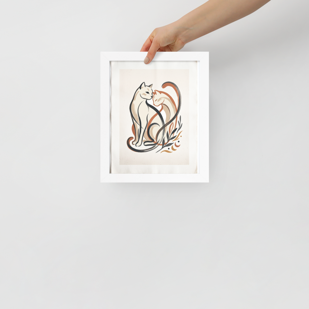 'Feline Affection' — a Minimalism,Abstract art print. A minimalist vector illustration of two cats intertwining lovingly in warm tones of cream, burnt orange, and dark charcoal, accompanied by simple botanical leaf motifs. Ideal for a cozy Nursery or Living Room.