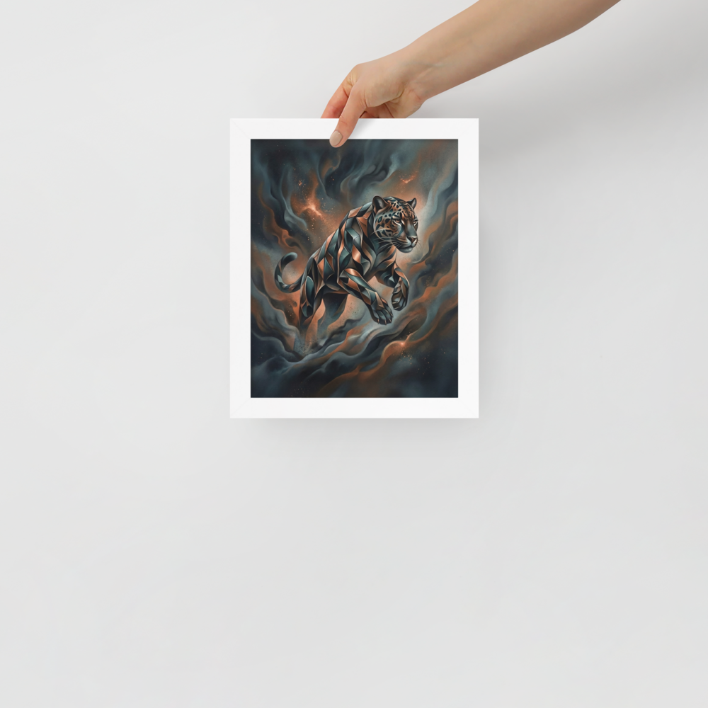 'Phantom Leap' — a Digital art print. A sleek, geometric panther leaping through dark teal and brown smoke in a modern digital art style, ideal for a living room.