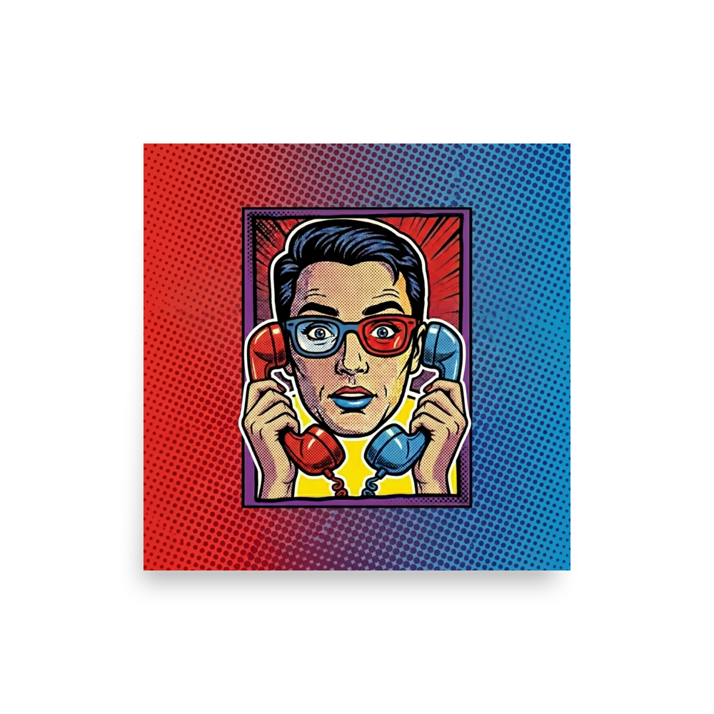 'Bipartisan Static' — a Pop art print. A pop art illustration of a confused woman wearing red and blue 3D glasses, holding a red telephone receiver to one ear and a blue one to the other, set against a red and blue halftone gradient, ideal for a Living Room.