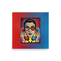 'Bipartisan Static' — a Pop art print. A pop art illustration of a confused woman wearing red and blue 3D glasses, holding a red telephone receiver to one ear and a blue one to the other, set against a red and blue halftone gradient, ideal for a Living Room.
