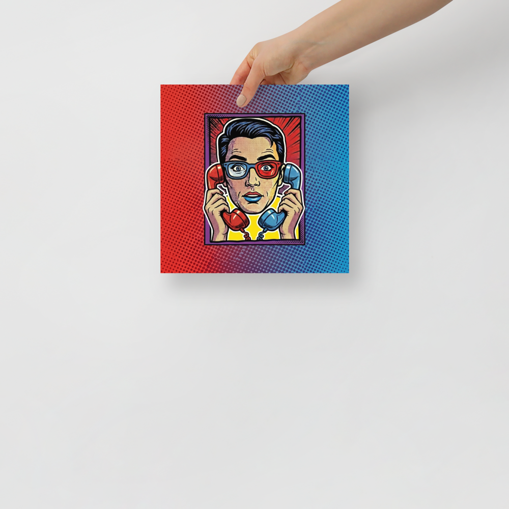 'Bipartisan Static' — a Pop art print. A pop art illustration of a confused woman wearing red and blue 3D glasses, holding a red telephone receiver to one ear and a blue one to the other, set against a red and blue halftone gradient, ideal for a Living Room.