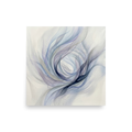'Ethereal Whispers in the Vortex' — a Abstract art print. An abstract painting featuring swirling smoky ribbons of lavender, grey, and deep blue circling a bright white center, with faint cursive writing and patterns in the background.