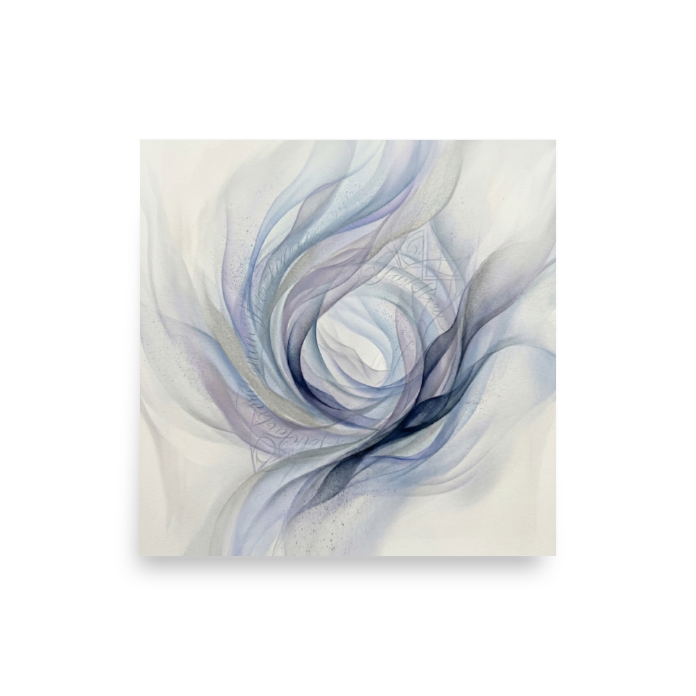 'Ethereal Whispers in the Vortex' — a Abstract art print. An abstract painting featuring swirling smoky ribbons of lavender, grey, and deep blue circling a bright white center, with faint cursive writing and patterns in the background.