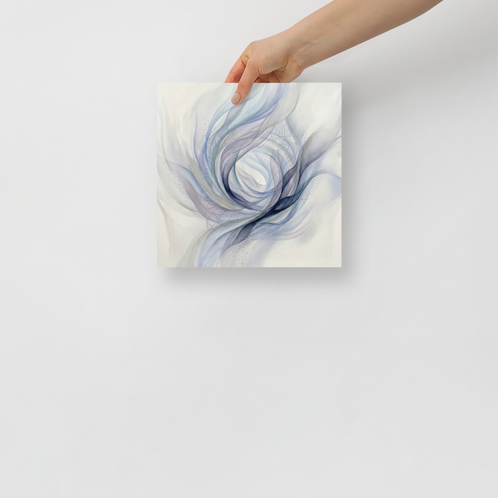 'Ethereal Whispers in the Vortex' — a Abstract art print. An abstract painting featuring swirling smoky ribbons of lavender, grey, and deep blue circling a bright white center, with faint cursive writing and patterns in the background.