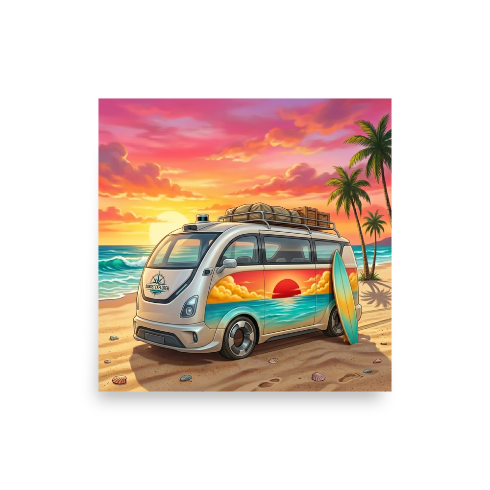 'Endless Summer Van' — a Pop art print. A vintage camper van with a sunset mural on its side parked on a beach with a surfboard at sunset, perfect for a Game Room.