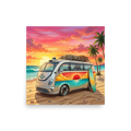 'Endless Summer Van' — a Pop art print. A vintage camper van with a sunset mural on its side parked on a beach with a surfboard at sunset, perfect for a Game Room.