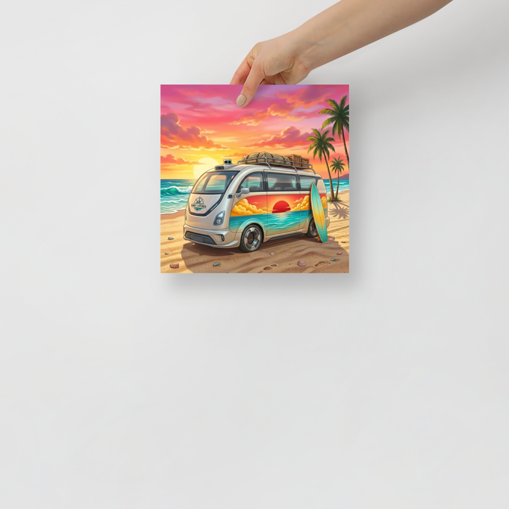 'Endless Summer Van' — a Pop art print. A vintage camper van with a sunset mural on its side parked on a beach with a surfboard at sunset, perfect for a Game Room.
