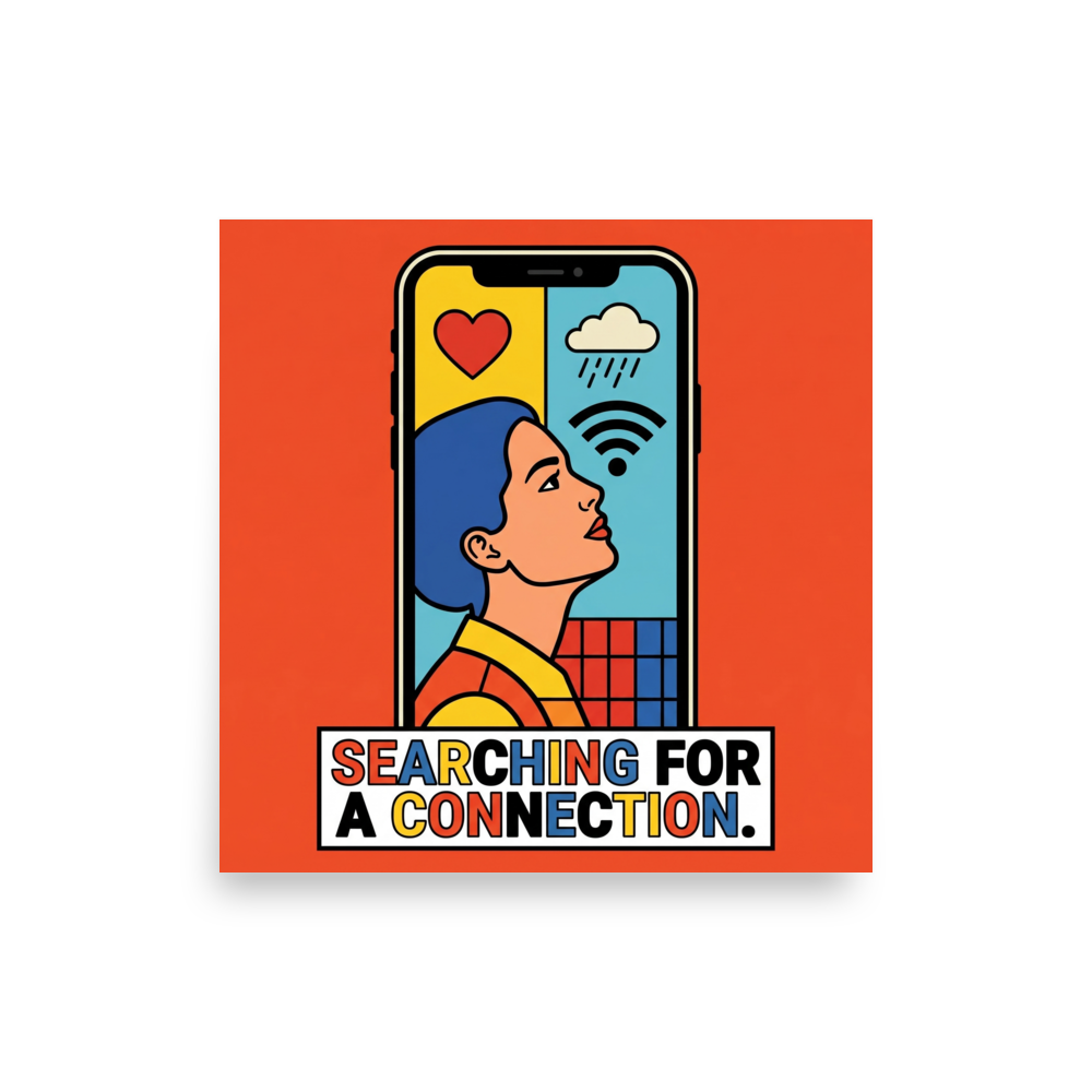 'Signal Lost' — a Pop art print. A graphic illustration of a woman inside a smartphone screen searching for a connection, perfect for a modern Living Room.