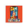 'Signal Lost' — a Pop art print. A graphic illustration of a woman inside a smartphone screen searching for a connection, perfect for a modern Living Room.