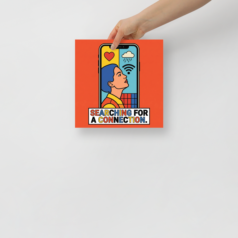 'Signal Lost' — a Pop art print. A graphic illustration of a woman inside a smartphone screen searching for a connection, perfect for a modern Living Room.