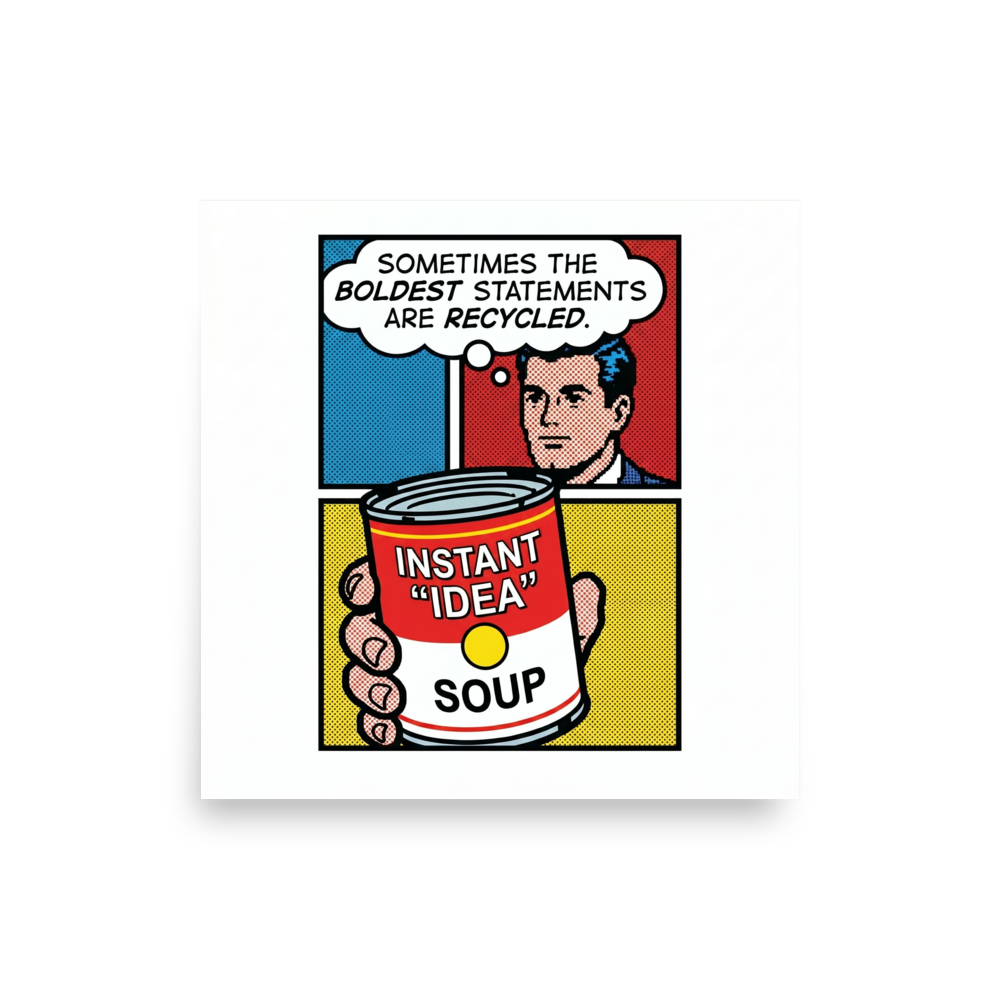 'Recycled Ideas' — a Pop art print. A comic style panel of a man holding a can of 'Instant Idea Soup', offering a witty statement piece for an Office.