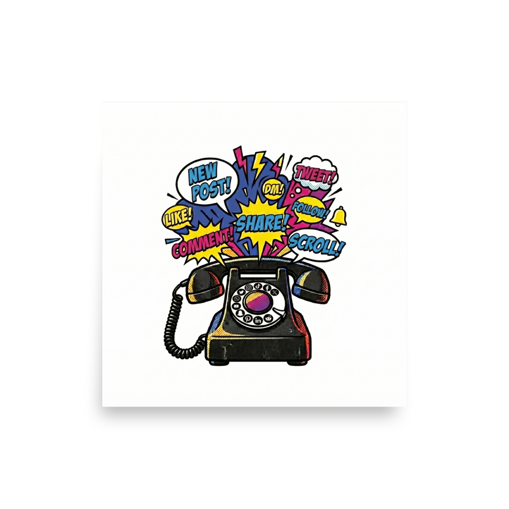 'The Notification Explosion' — a Pop art print. A retro rotary phone bursting with colorful social media notification bubbles, bringing high energy to a Game Room or Office.