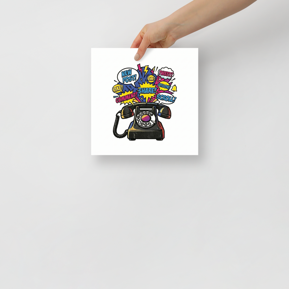 'The Notification Explosion' — a Pop art print. A retro rotary phone bursting with colorful social media notification bubbles, bringing high energy to a Game Room or Office.