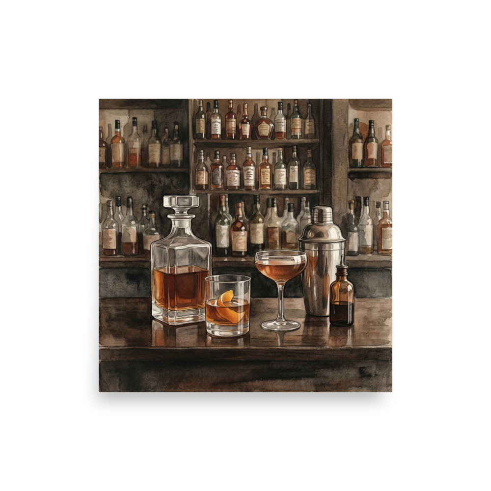 'The Evening Pour' — a Realism print. Detailed watercolor painting of a classic bar setup with a crystal decanter, a cocktail glass, and various bottles, perfect for a cozy home bar.