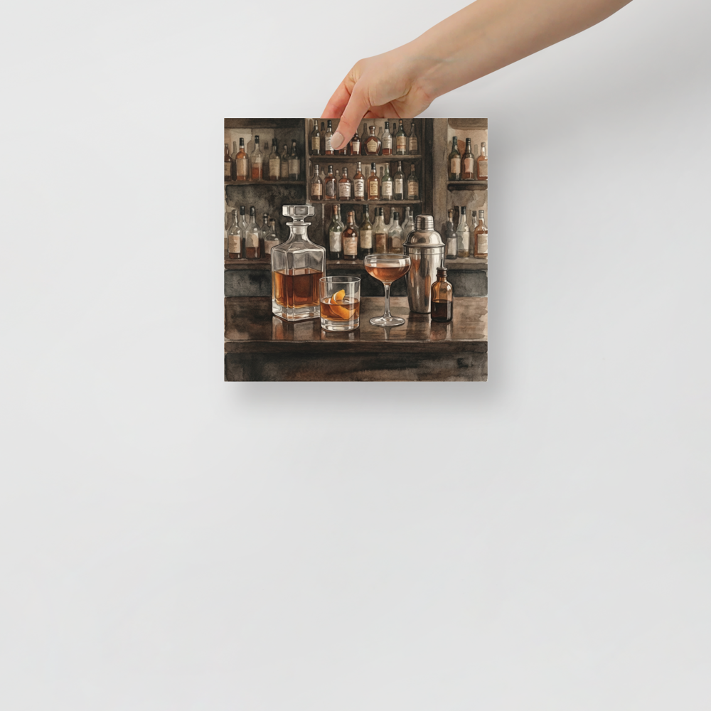 'The Evening Pour' — a Realism print. Detailed watercolor painting of a classic bar setup with a crystal decanter, a cocktail glass, and various bottles, perfect for a cozy home bar.