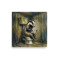 'The Daily Burrow' — a Realism print. Humorous watercolor illustration of a badger wearing glasses reading a newspaper on a toilet in a rustic wooden bathroom.