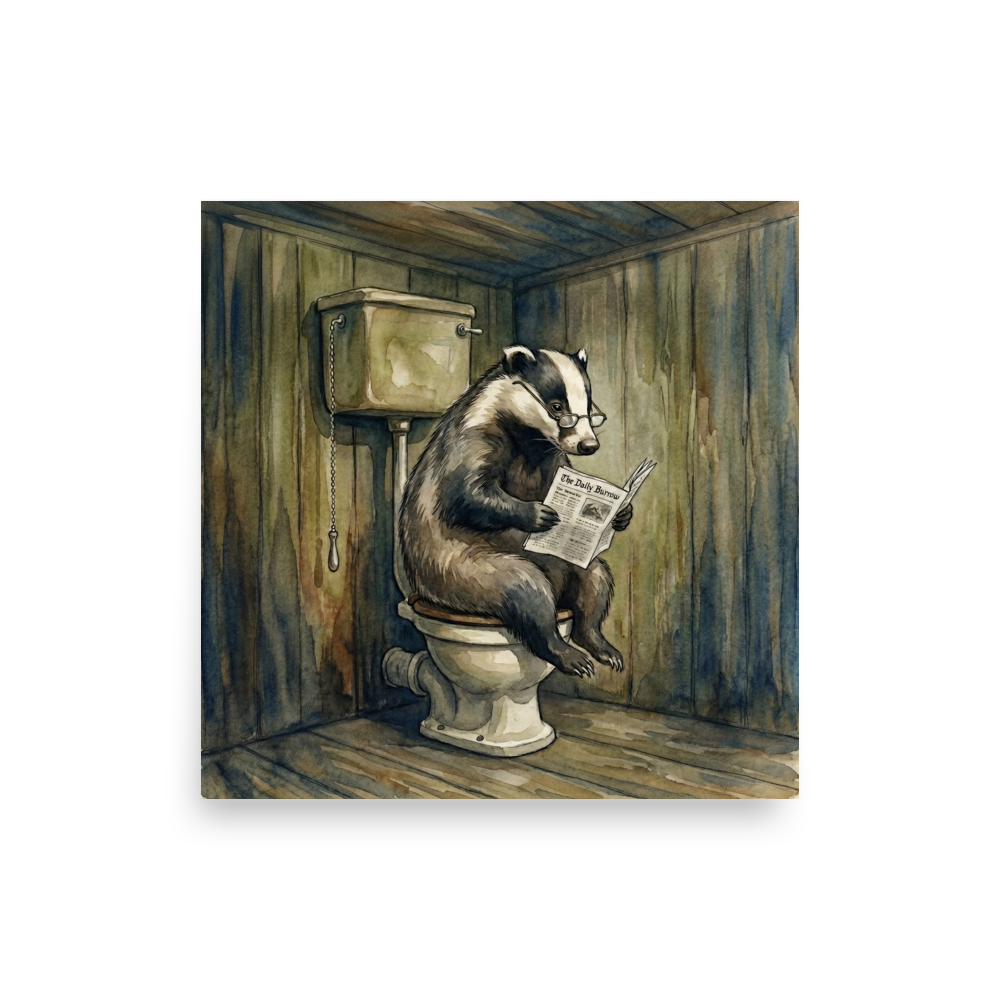 'The Daily Burrow' — a Realism print. Humorous watercolor illustration of a badger wearing glasses reading a newspaper on a toilet in a rustic wooden bathroom.