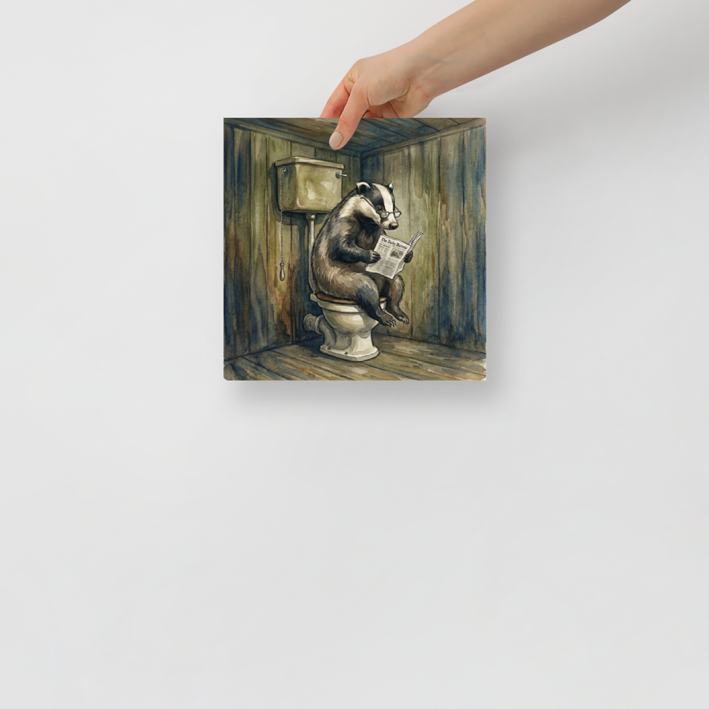 'The Daily Burrow' — a Realism print. Humorous watercolor illustration of a badger wearing glasses reading a newspaper on a toilet in a rustic wooden bathroom.