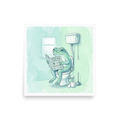 'The Daily Croak' — a Realism print. Amusing watercolor illustration of a green frog wearing glasses reading a newspaper on a toilet in a bright mint green bathroom.