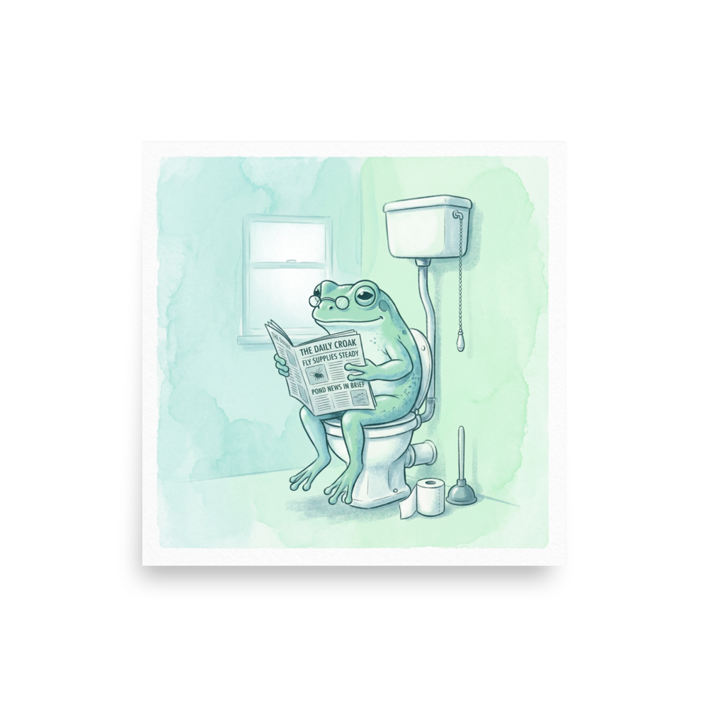 'The Daily Croak' — a Realism print. Amusing watercolor illustration of a green frog wearing glasses reading a newspaper on a toilet in a bright mint green bathroom.