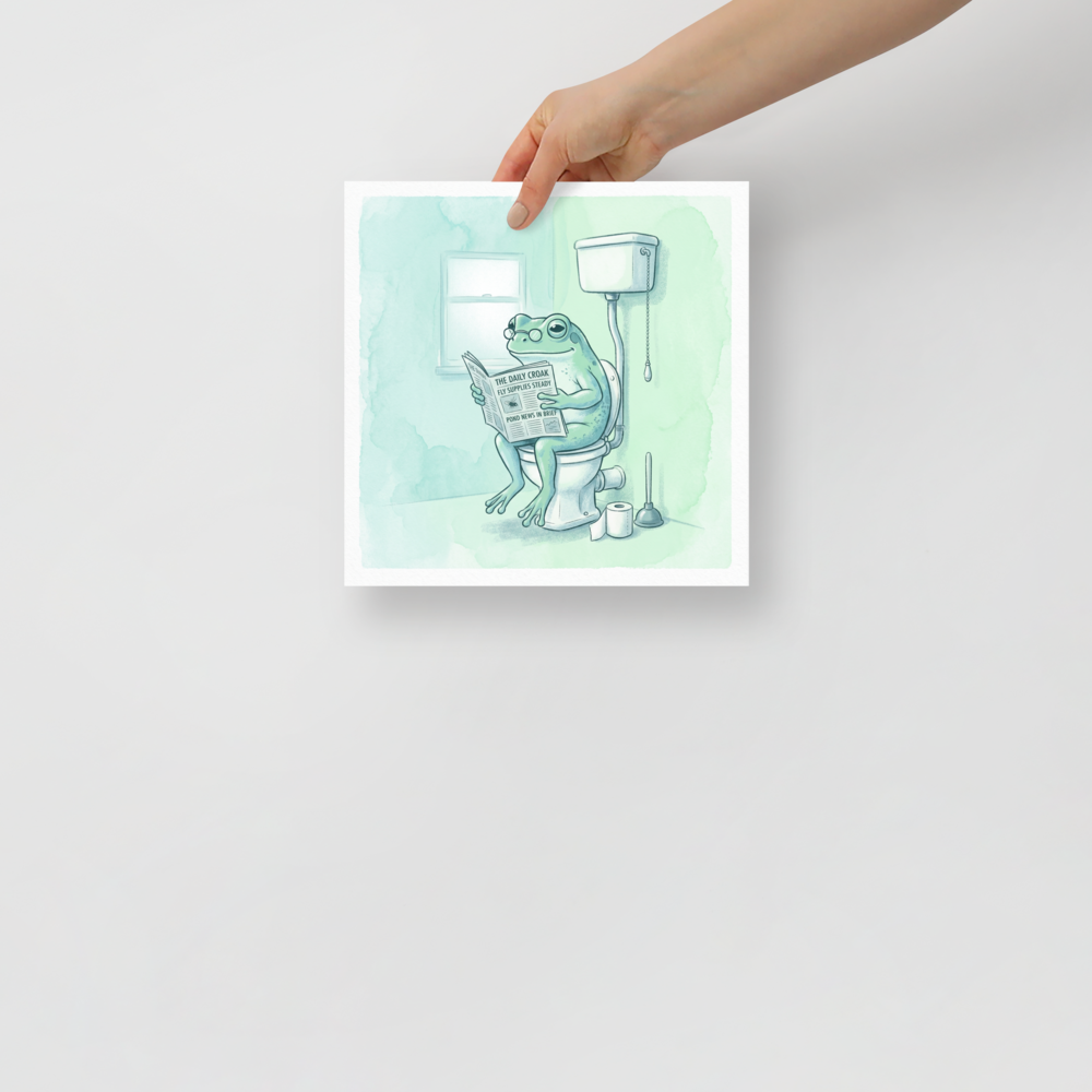 'The Daily Croak' — a Realism print. Amusing watercolor illustration of a green frog wearing glasses reading a newspaper on a toilet in a bright mint green bathroom.