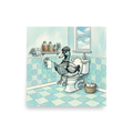 'The Philosophical Duck' — a Lowbrow,Pop art print. A whimsical illustration of a duck in a cap and bowtie reading a book on the toilet in a light blue bathroom.